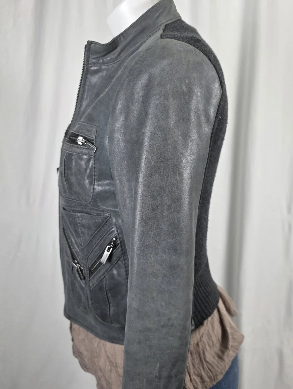 BCBGMAXAZRIA Gray REAL Leather Moto Jacket – Edgy Luxe Designer Jacket S